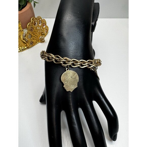 Vintage 12K Gold Filled Chain Bracelet Male Profile Charms Unmarked Retro 7” 50s - Picture 5 of 11